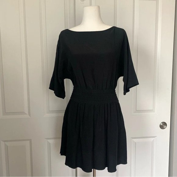 Wilfred Aritzia Silk Mini Dress S Small Short Dolman Sleeve Keyhole Back Black - Picture 1 of 15